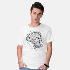 Model wearing white Nakama Sketch – Anime Graphic T-Shirt