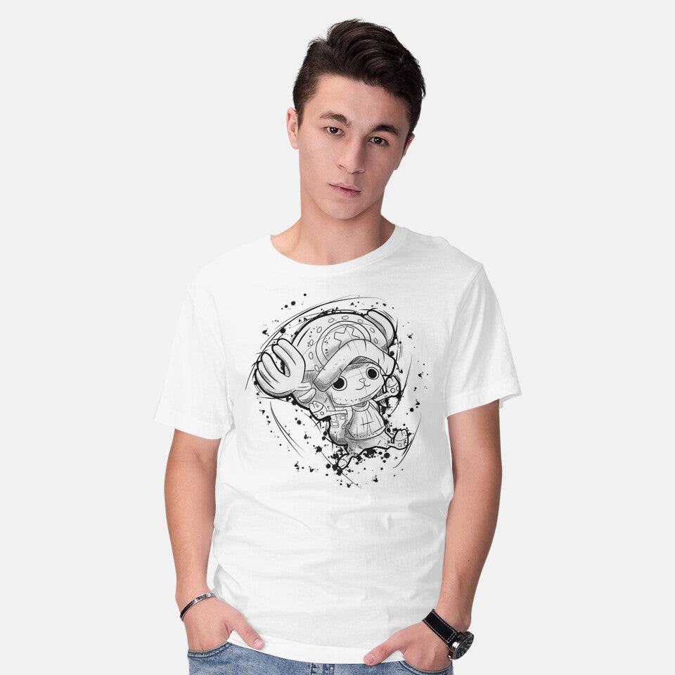 Model wearing white Nakama Sketch – Anime Graphic T-Shirt