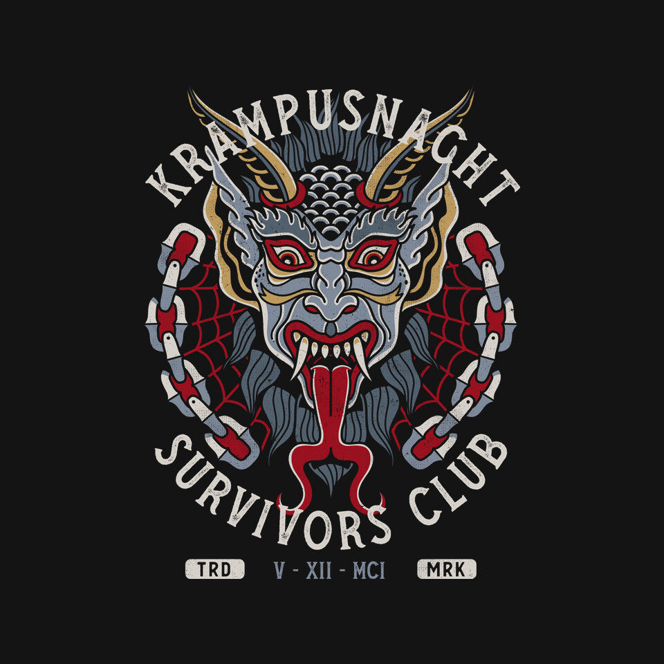 Krampusnacht Survivors Club – Horror Graphic T-Shirt design artwork for black graphic T-shirt