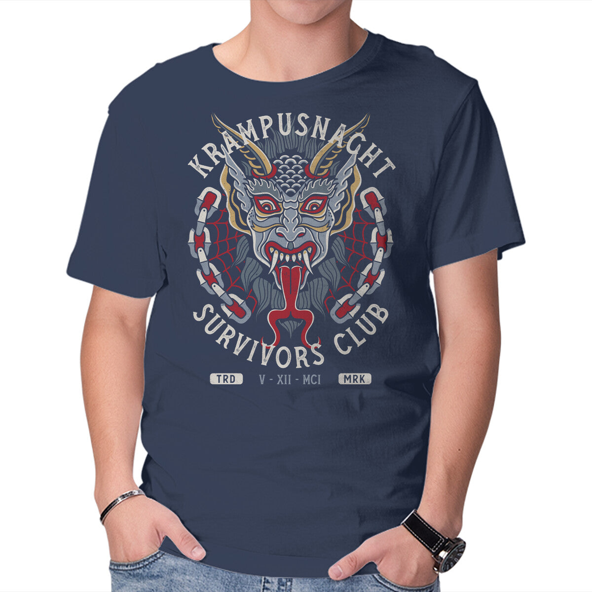 Krampusnacht Survivors Club – Horror Graphic T-Shirt in navy, product display