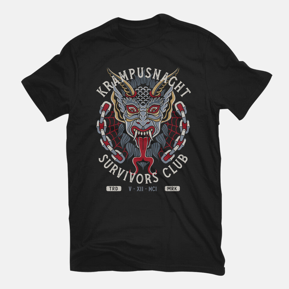 Krampusnacht Survivors Club – Horror Graphic T-Shirt in black, flat-lay product view