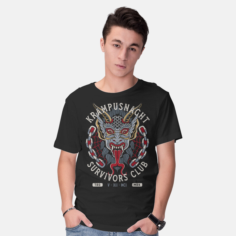 Model wearing black Krampusnacht Survivors Club – Horror Graphic T-Shirt