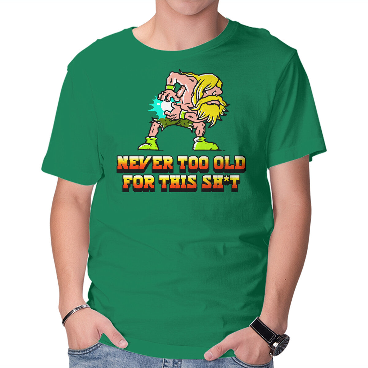 Never Too Old – Gaming Graphic T-Shirt in green, product display