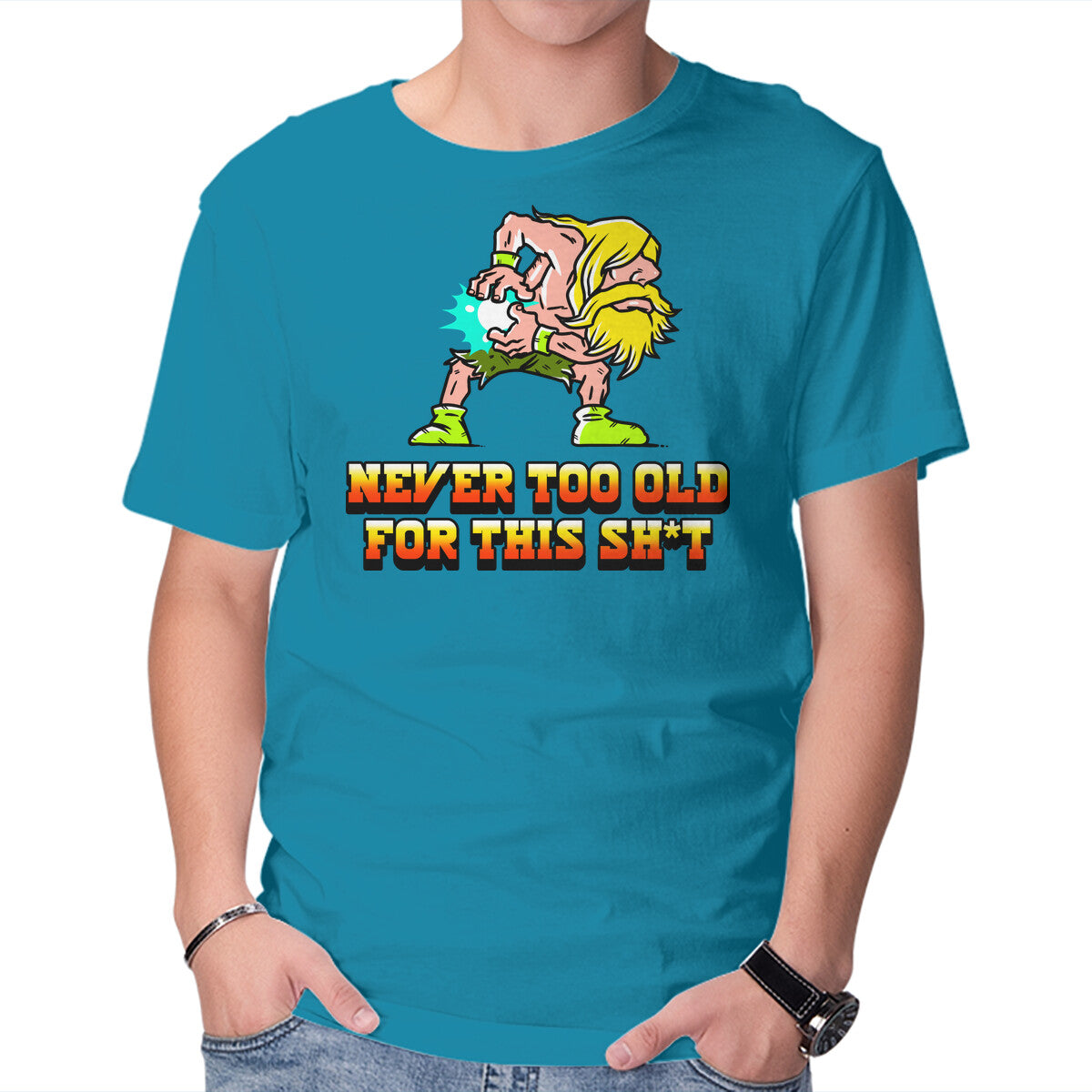 Never Too Old – Gaming Graphic T-Shirt in turquoise, product display