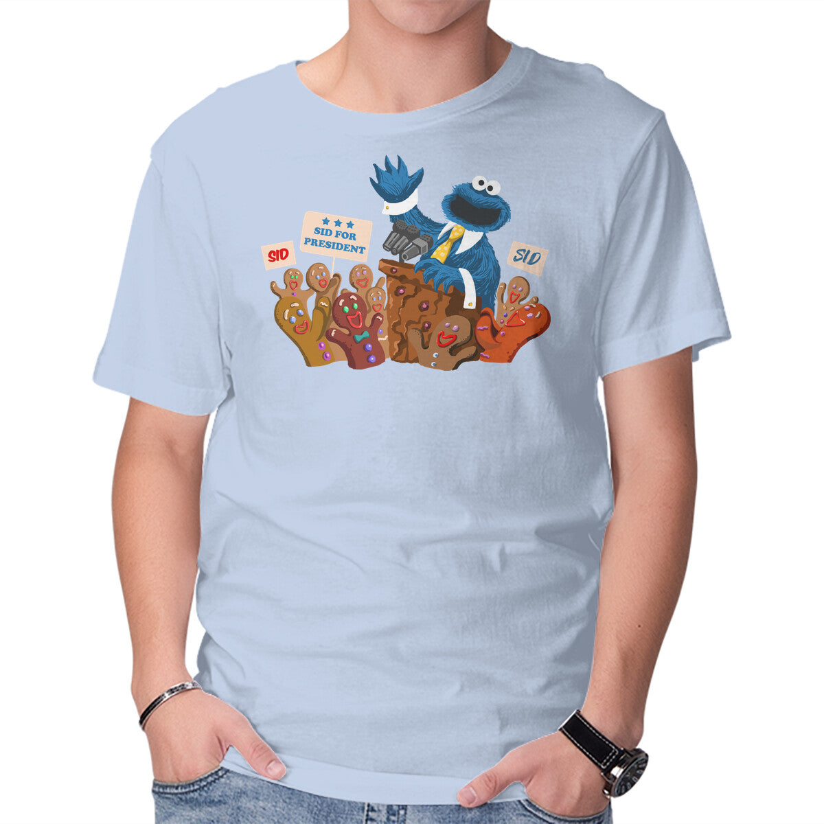 Cookie Monster For President – Funny Graphic T-Shirt in blue, product display