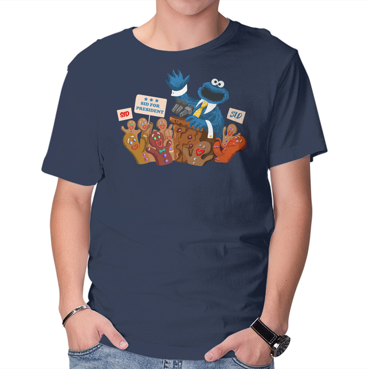 Cookie Monster For President – Funny Graphic T-Shirt in navy, product display