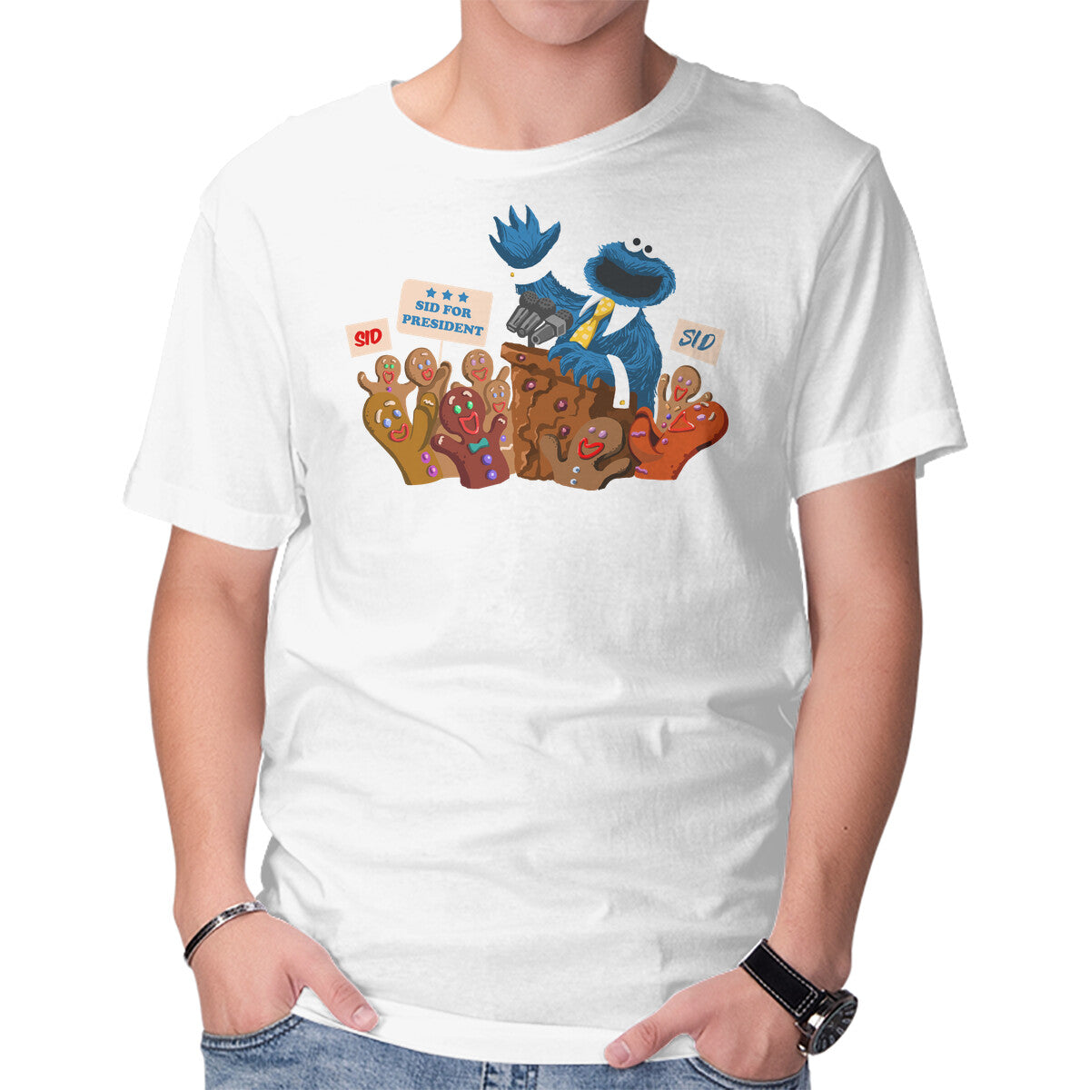 Cookie Monster For President – Funny Graphic T-Shirt in white, product display