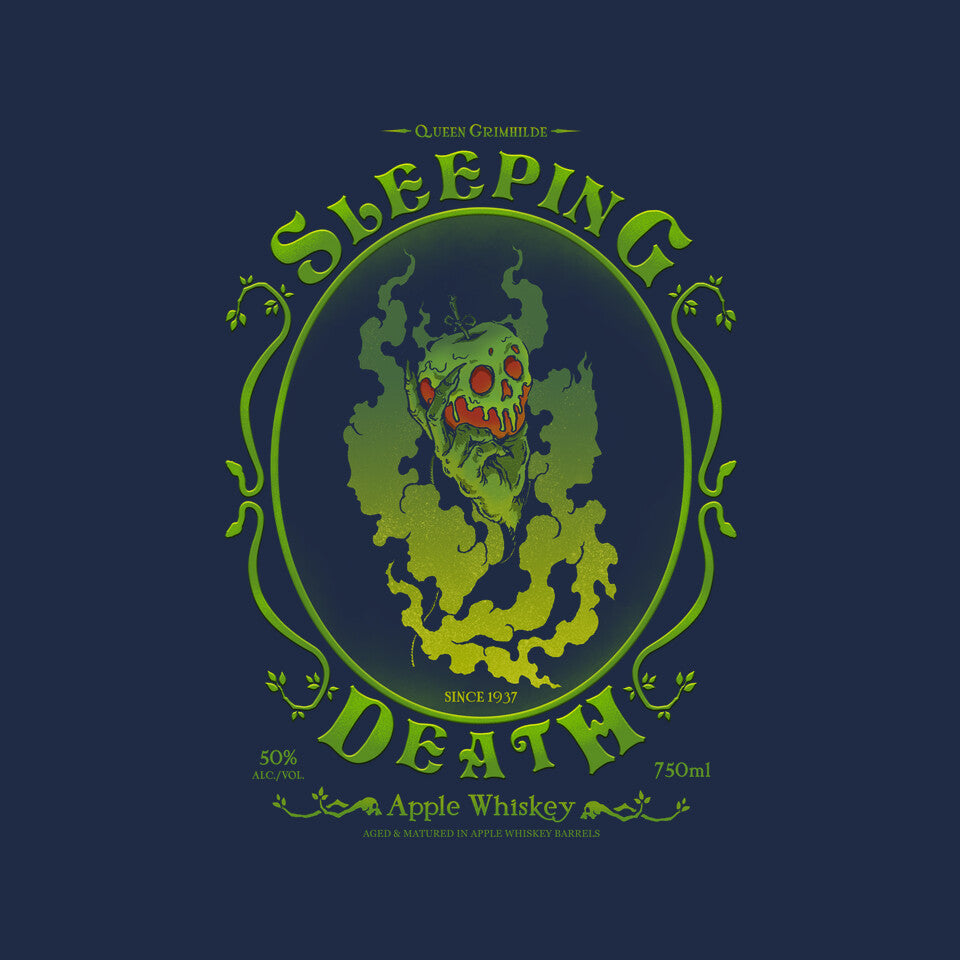 Sleeping Death Whiskey – Fantasy Graphic T-Shirt design artwork for navy graphic T-shirt