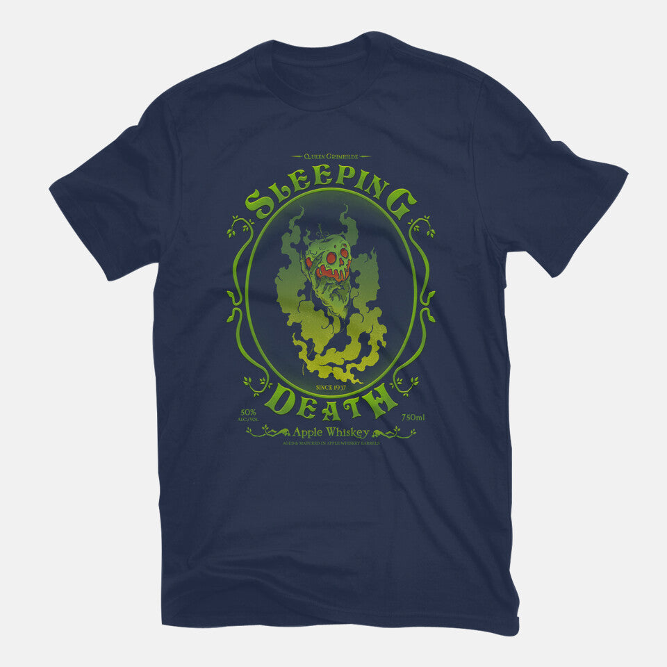 Sleeping Death Whiskey – Fantasy Graphic T-Shirt in navy, flat-lay product view