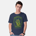 Model wearing navy Sleeping Death Whiskey – Fantasy Graphic T-Shirt