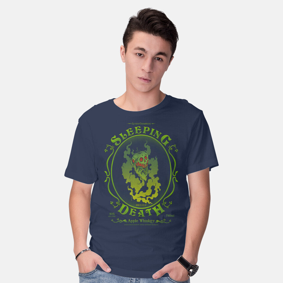 Model wearing navy Sleeping Death Whiskey – Fantasy Graphic T-Shirt