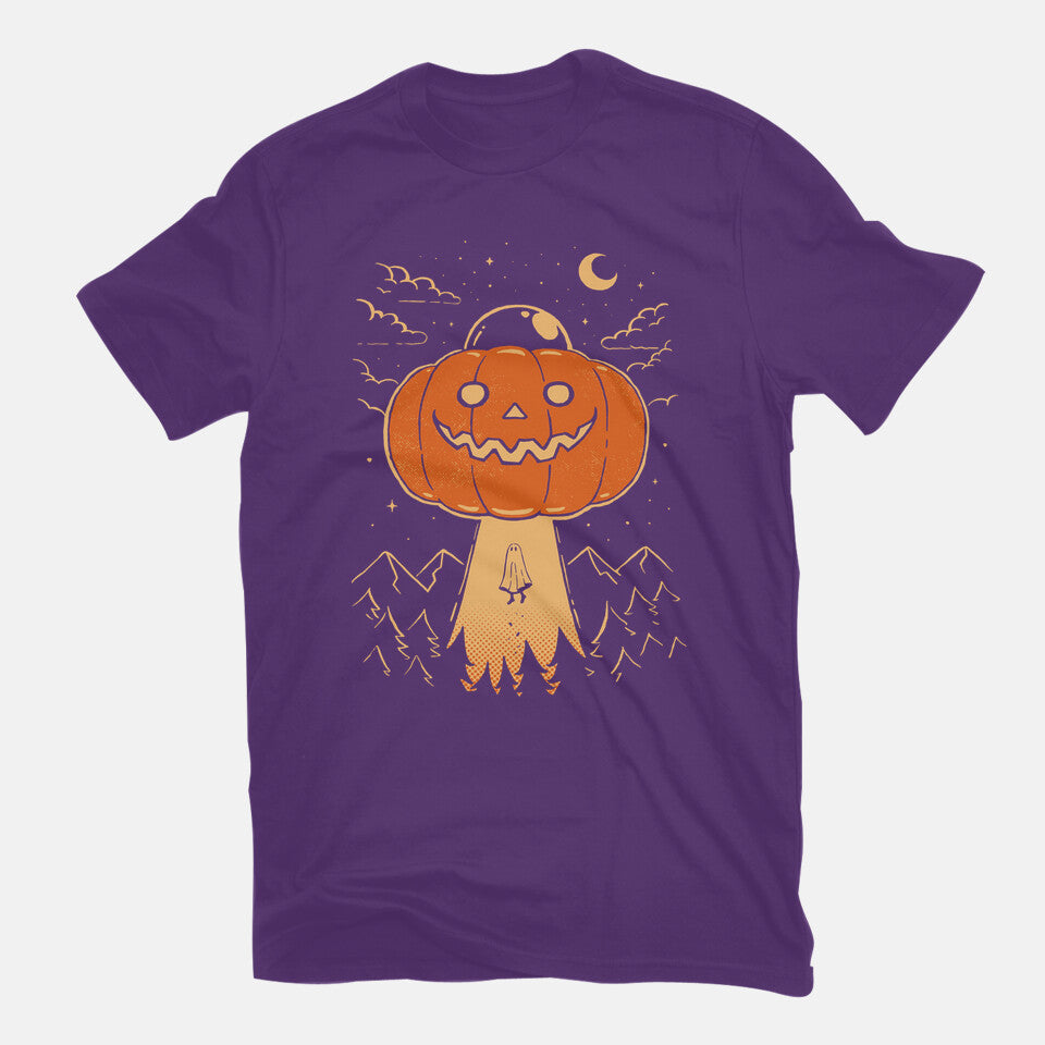 I Believe In Halloween – Halloween Graphic T-Shirt in purple, flat-lay product view