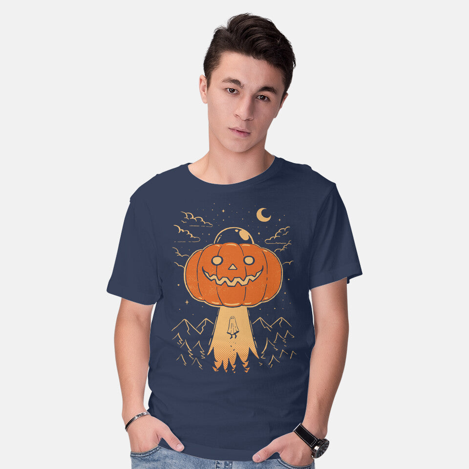 Model wearing navy I Believe In Halloween – Halloween Graphic T-Shirt
