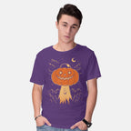 Model wearing purple I Believe In Halloween – Halloween Graphic T-Shirt
