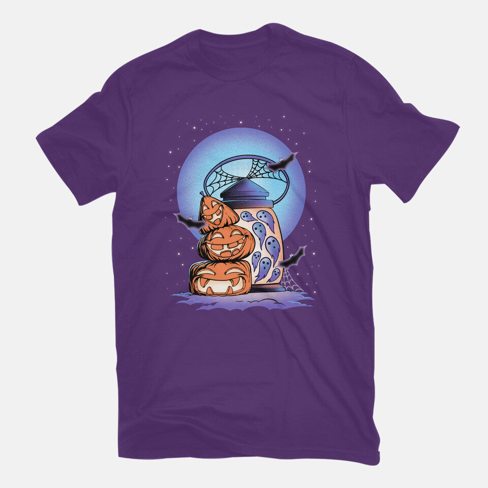 Primitive Pumpkins – Halloween Graphic T-Shirt in purple, flat-lay product view