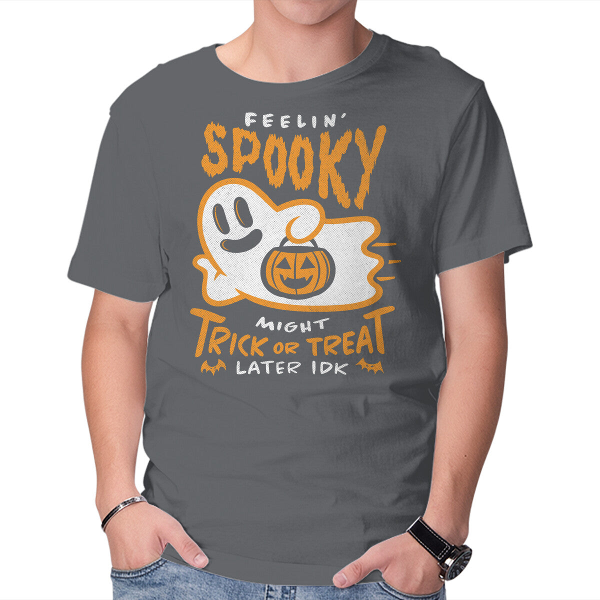 Might Trick Or Treat Later – Halloween Graphic T-Shirt in charcoal, product display