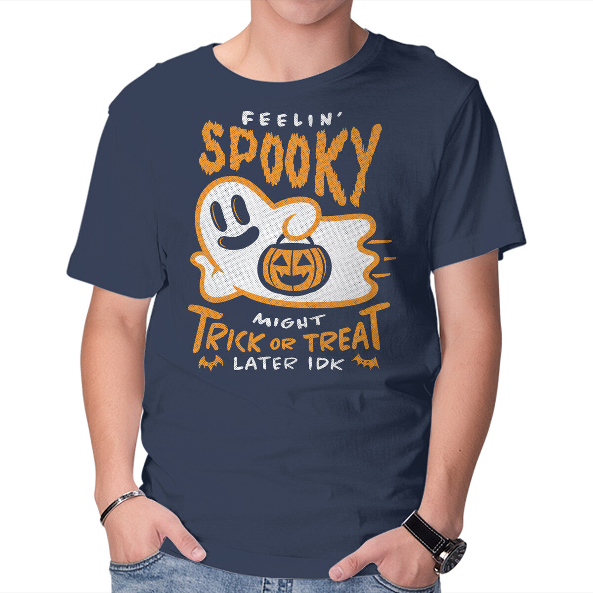 Might Trick Or Treat Later – Halloween Graphic T-Shirt in navy, product display