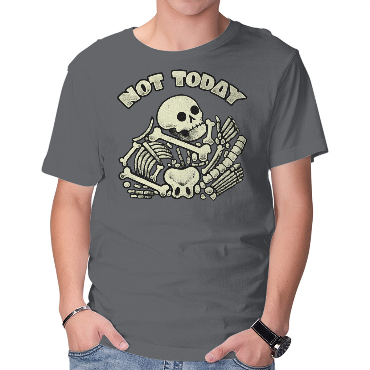 Not Today Skeleton – Halloween Graphic T-Shirt in charcoal, product display