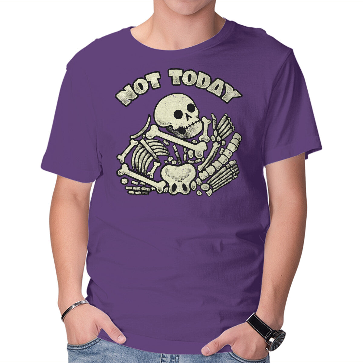 Not Today Skeleton – Halloween Graphic T-Shirt in purple, product display