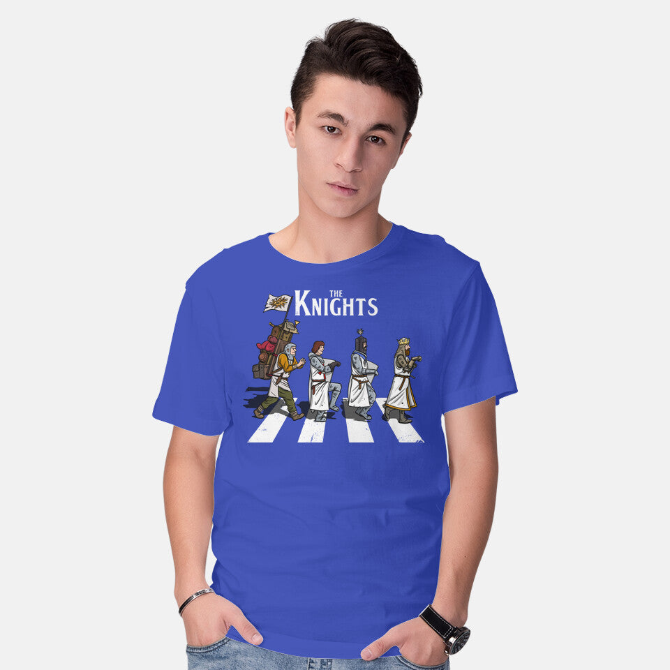 Model wearing royal blue The Knights – Music Graphic T-Shirt