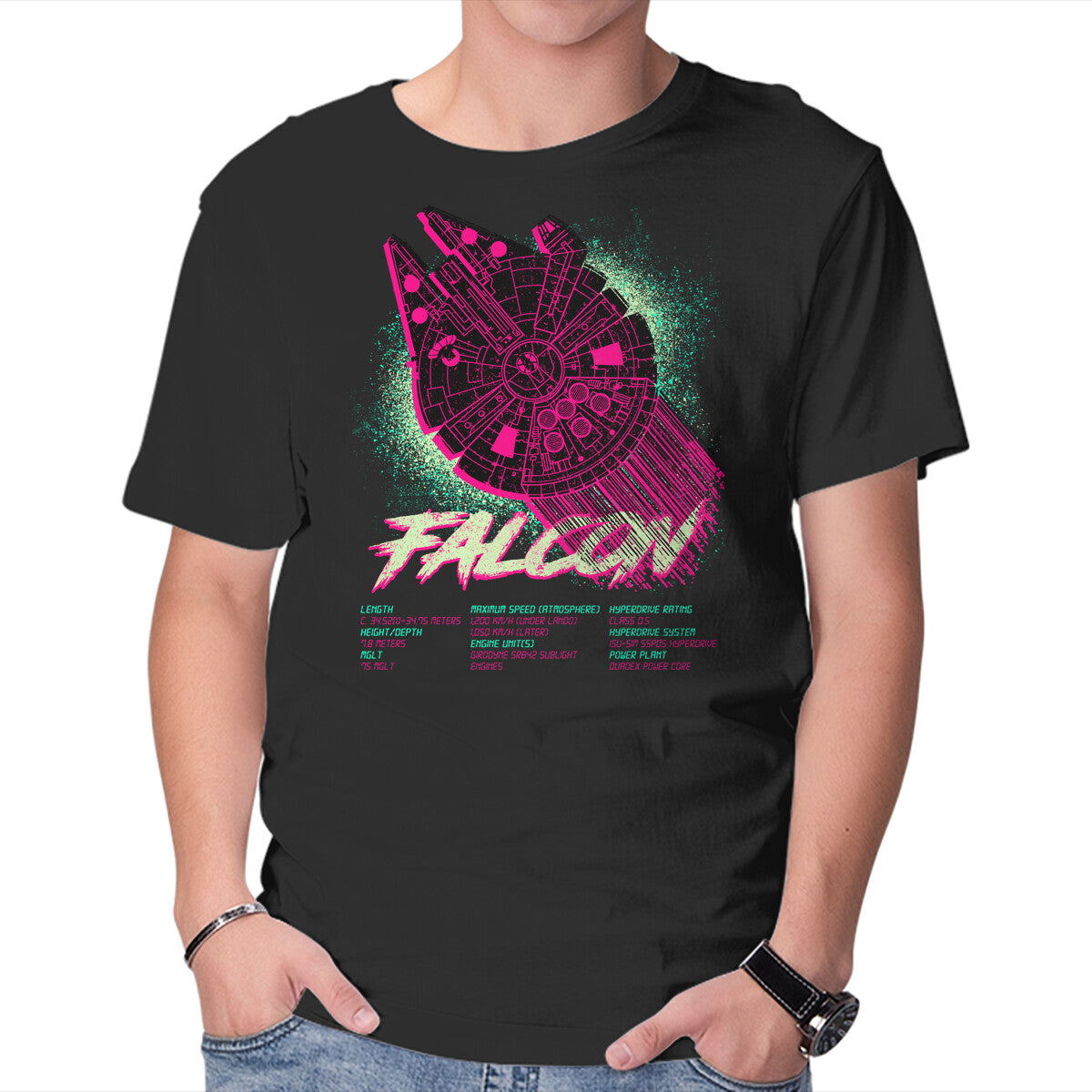 Falcon Technical Specs – Sci-Fi Graphic T-Shirt in black, product display