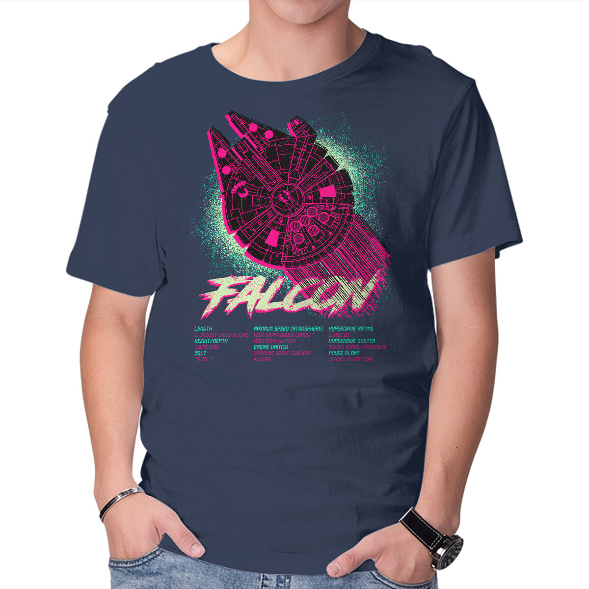 Falcon Technical Specs – Sci-Fi Graphic T-Shirt in navy, product display