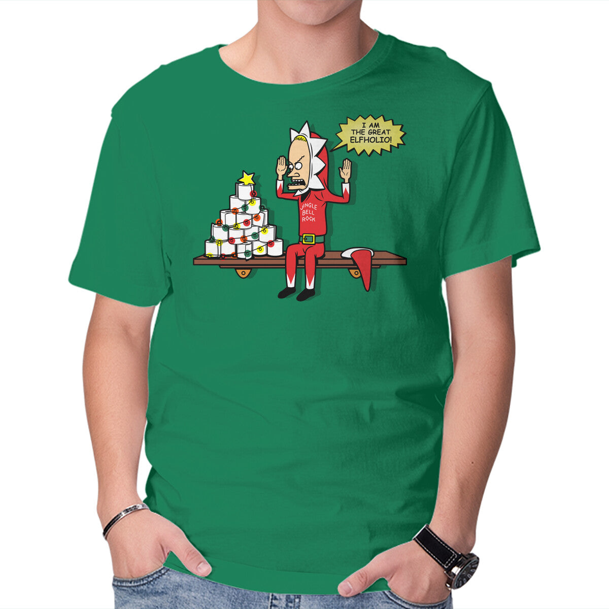 The Great Elfholio – Funny Graphic T-Shirt in green, product display