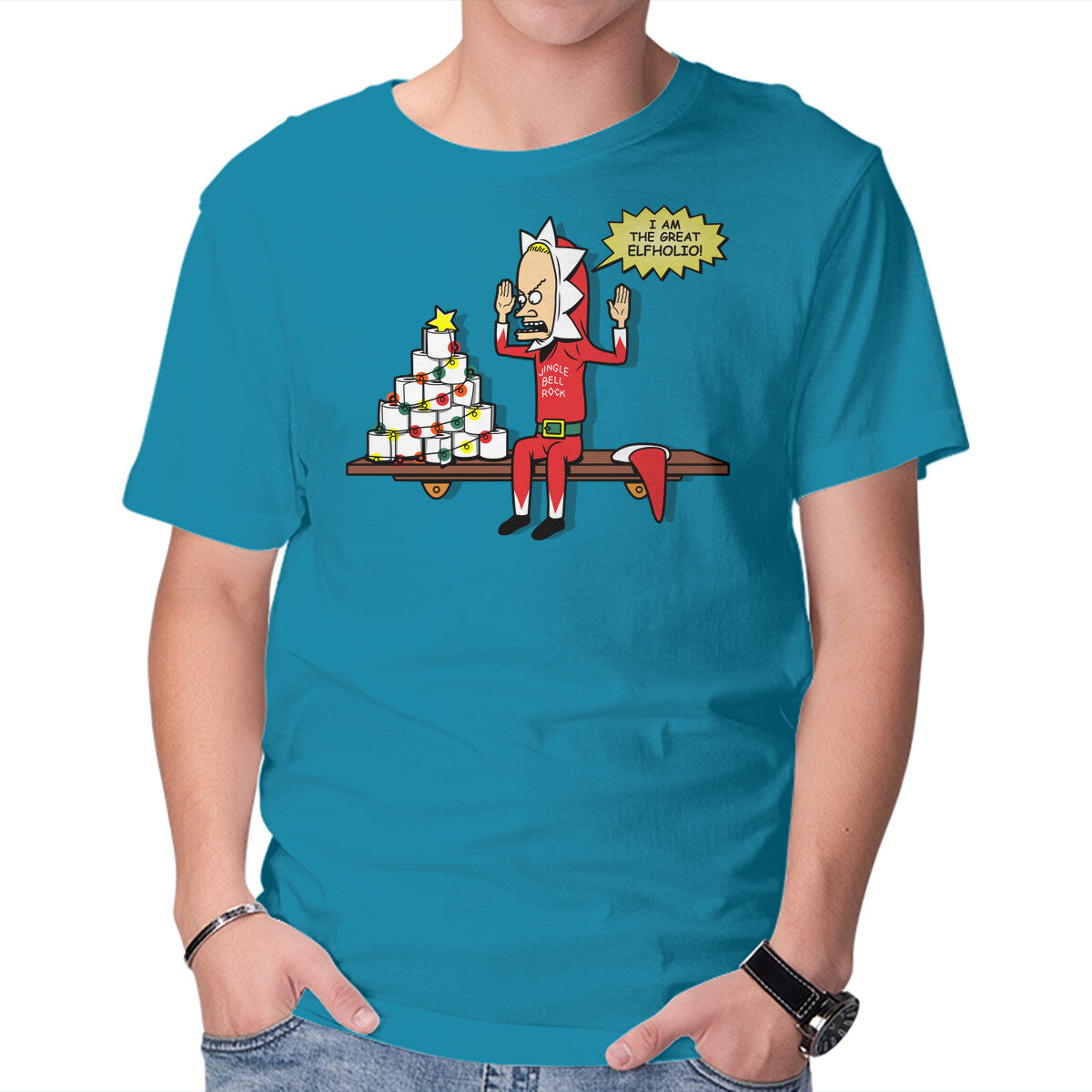 The Great Elfholio – Funny Graphic T-Shirt in turquoise, product display