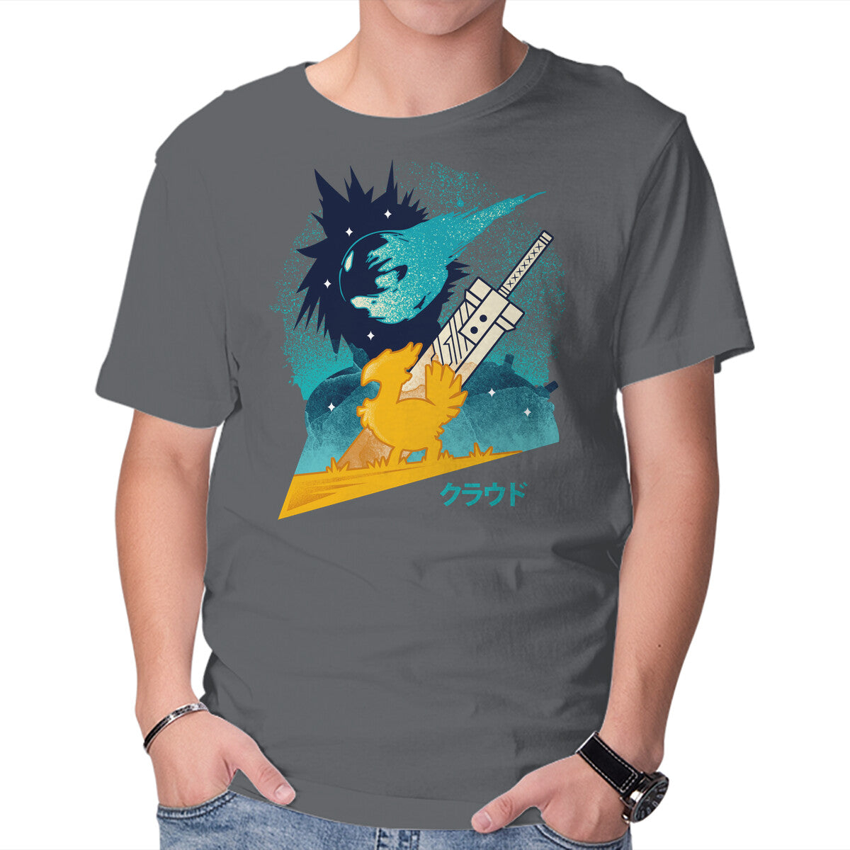 Cloud And Chocobo – Gaming Graphic T-Shirt in charcoal, product display