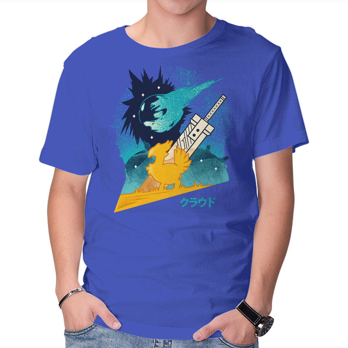 Cloud And Chocobo – Gaming Graphic T-Shirt in royal blue, product display