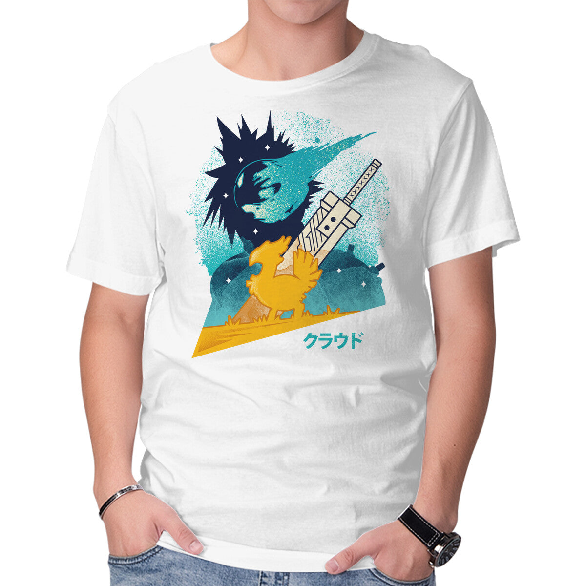 Cloud And Chocobo – Gaming Graphic T-Shirt in white, product display