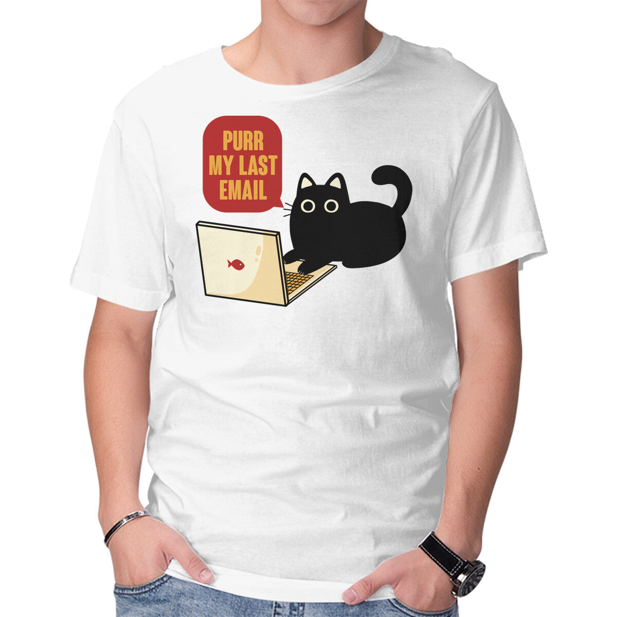 Purr My Last Email – Cat Graphic T-Shirt in white, product display