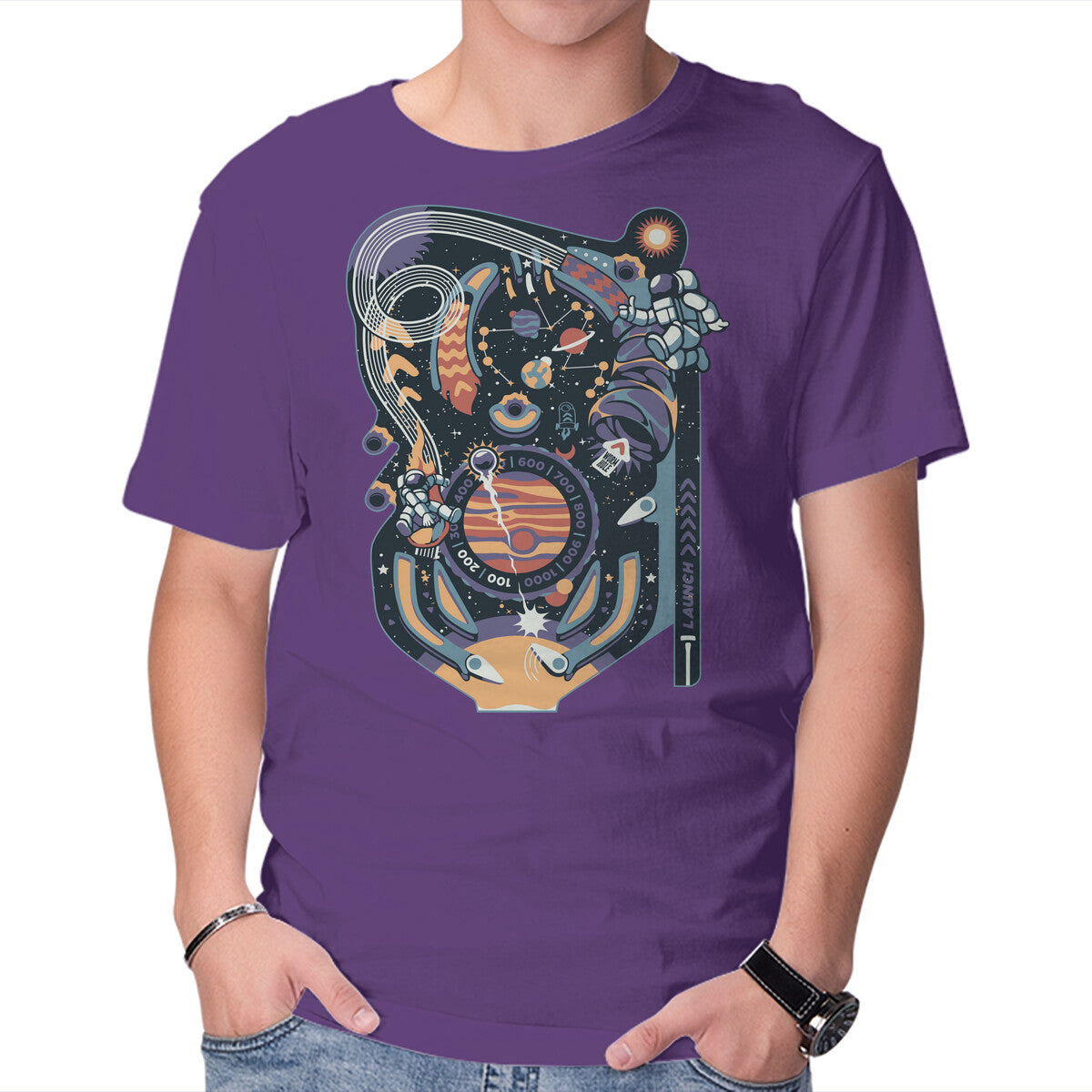 Pinball Space Machine – Gaming Graphic T-Shirt in purple, product display
