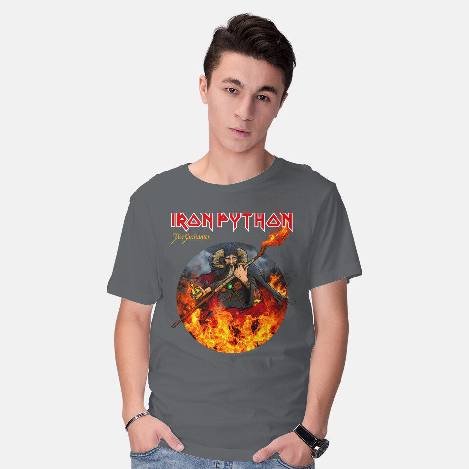 Model wearing charcoal Iron Python – Music Graphic T-Shirt
