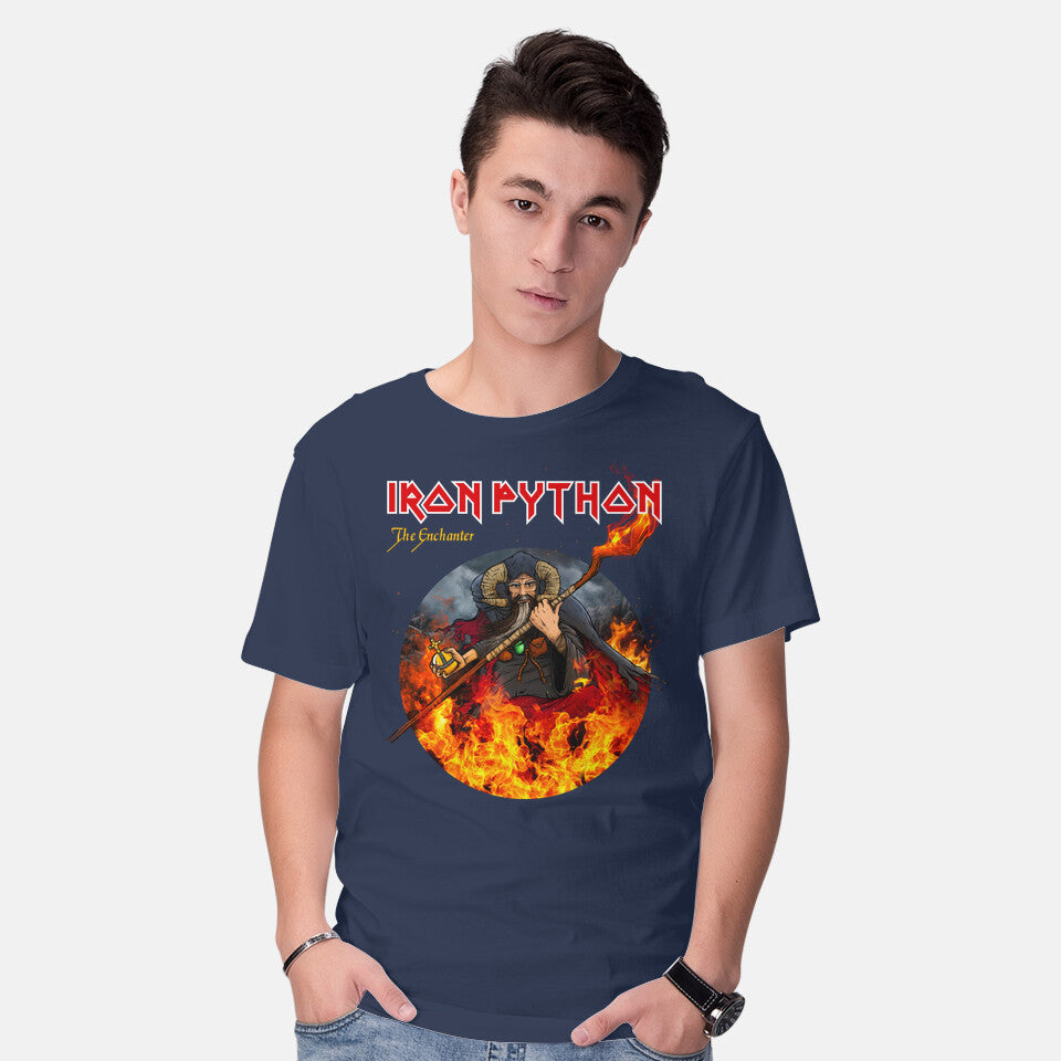 Model wearing navy Iron Python – Music Graphic T-Shirt