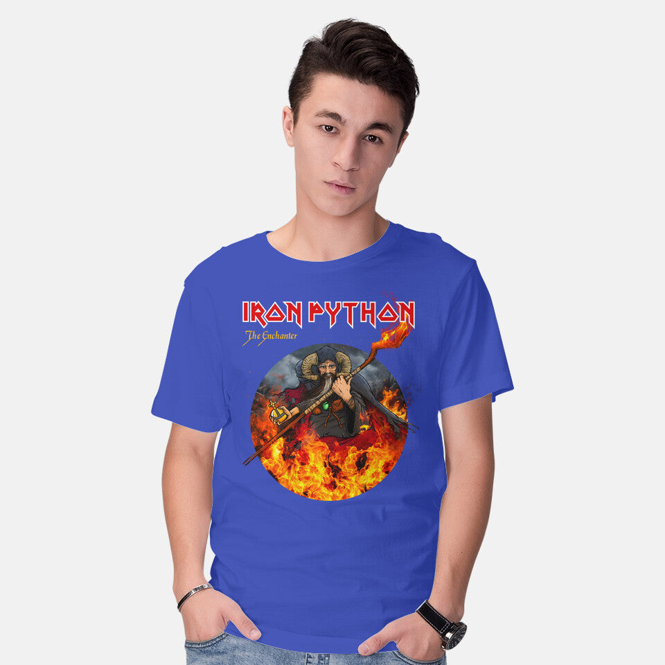 Model wearing royal blue Iron Python – Music Graphic T-Shirt
