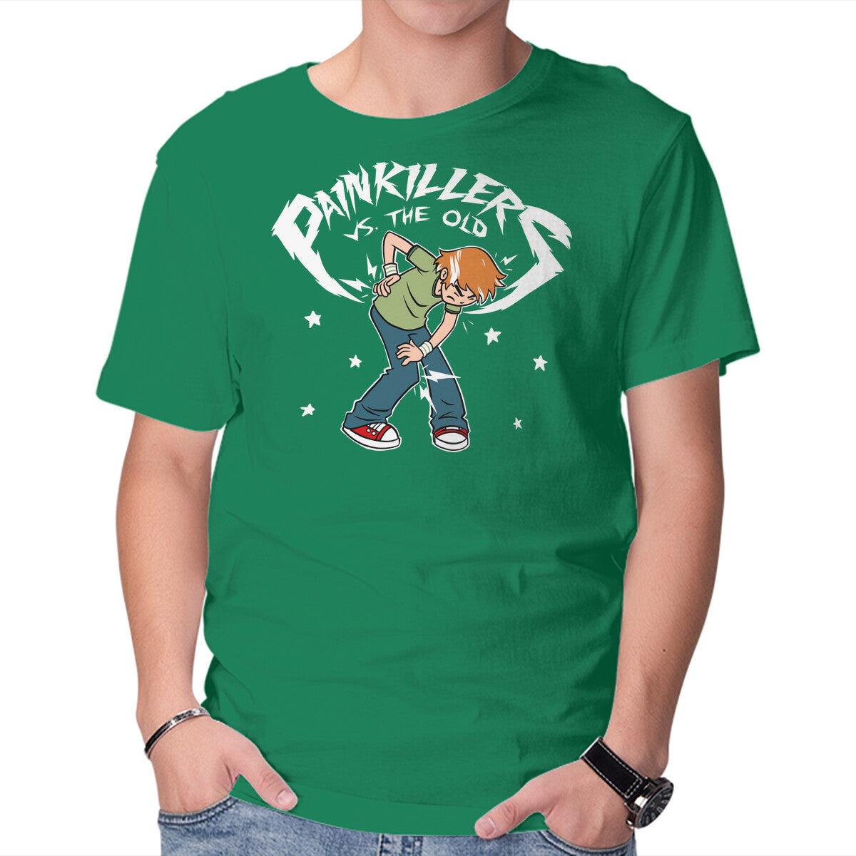 Painkillers Vs The Old – Music Graphic T-Shirt in green, product display