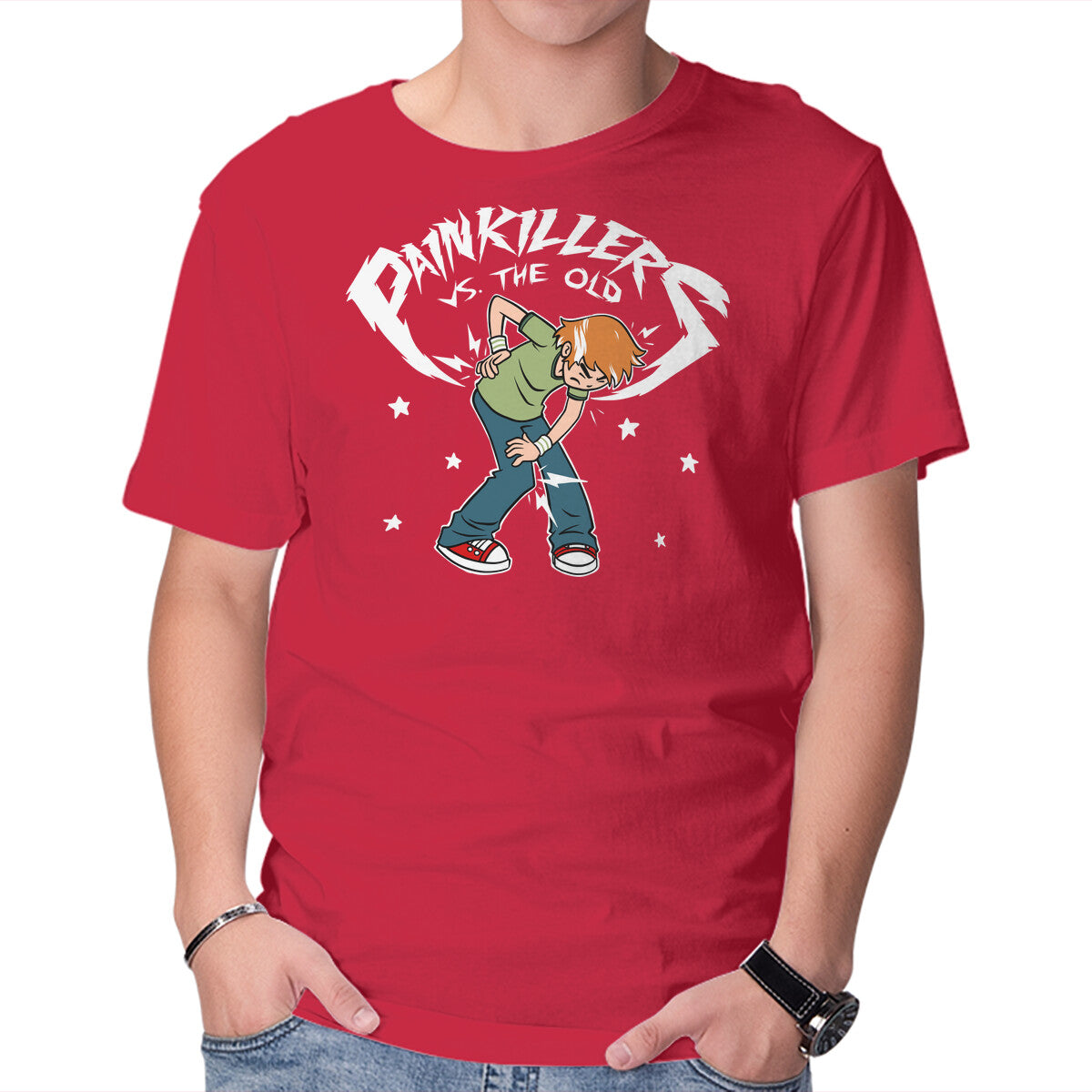 Painkillers Vs The Old – Music Graphic T-Shirt in red, product display