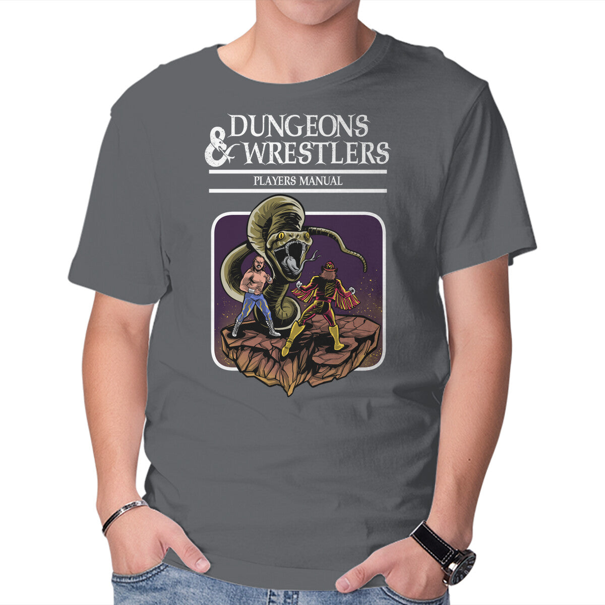 Dungeons And Wrestlers – Gaming Graphic T-Shirt in charcoal, product display