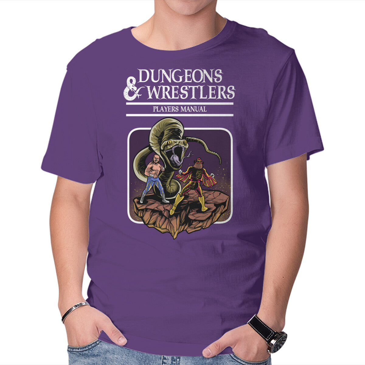 Dungeons And Wrestlers – Gaming Graphic T-Shirt in purple, product display