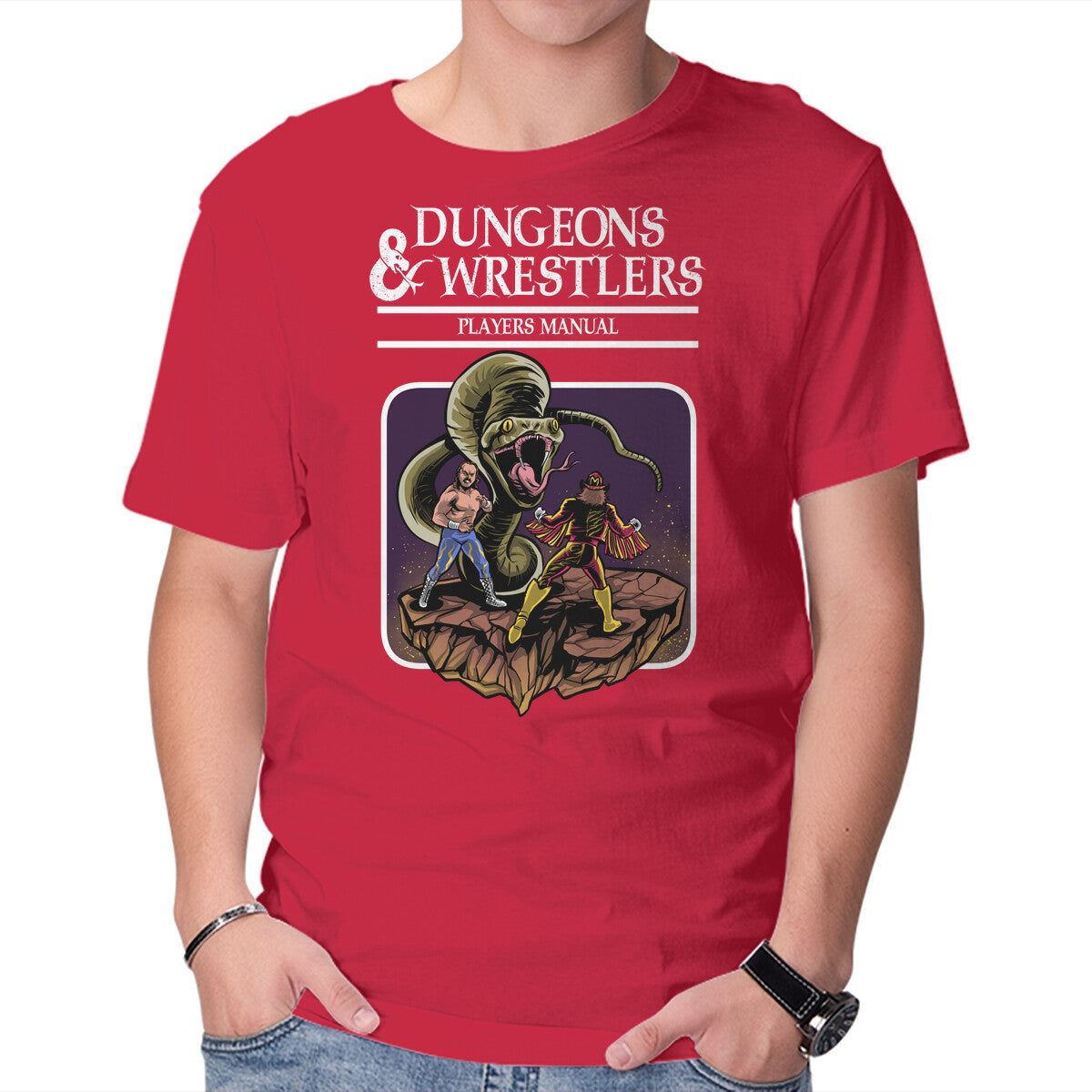 Dungeons And Wrestlers – Gaming Graphic T-Shirt in red, product display