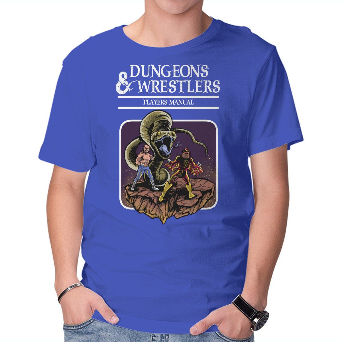 Dungeons And Wrestlers – Gaming Graphic T-Shirt in royal blue, product display