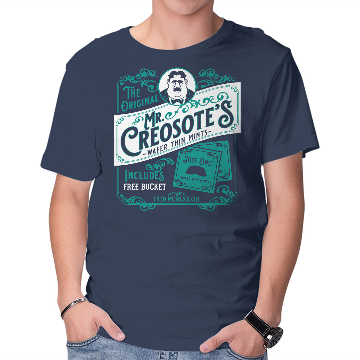 Creosote's Wafer Thin Mints – Movie Graphic T-Shirt in navy, product display