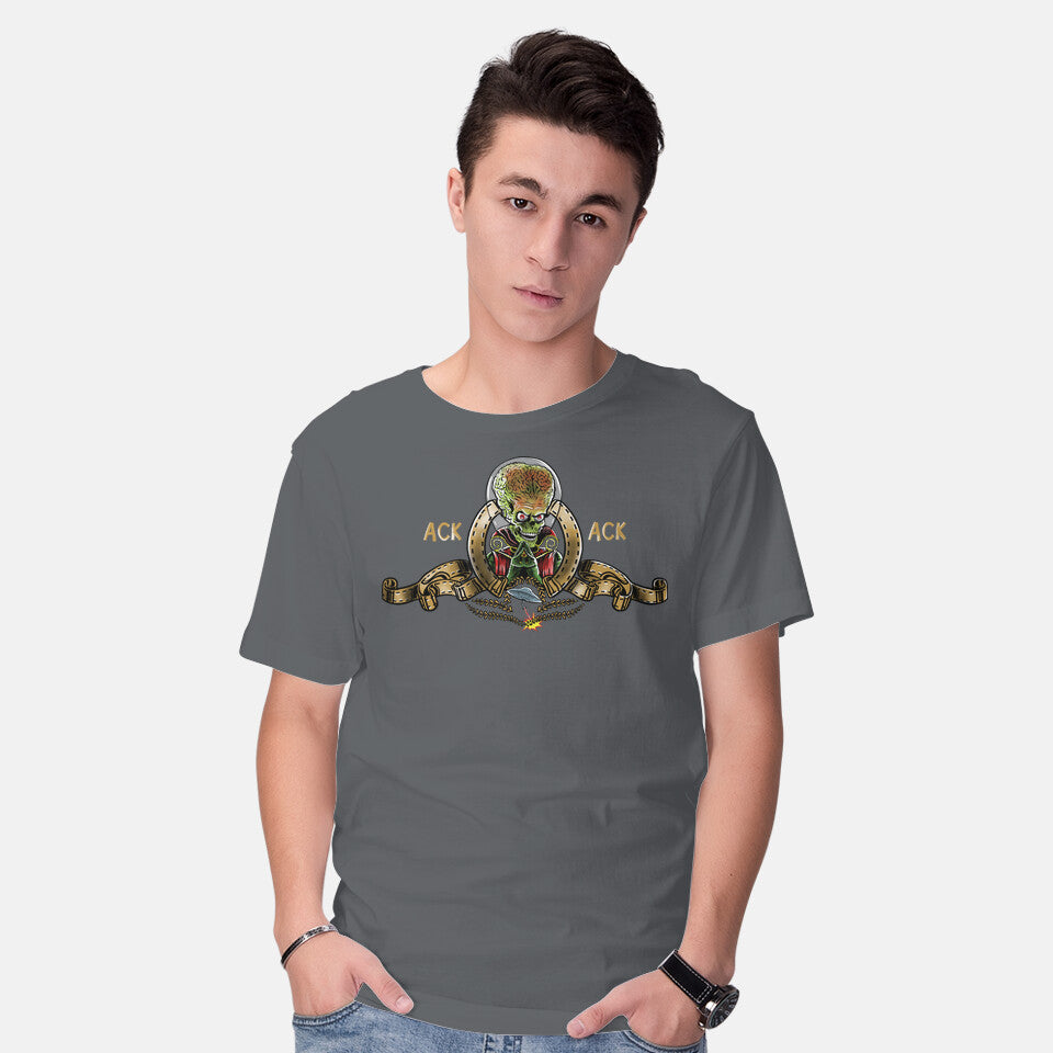 Model wearing charcoal Martian Goldwyn Mayer – Sci-Fi Graphic T-Shirt