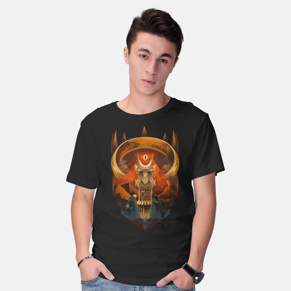 Model wearing black Art Deco Dark Tower – Fantasy Graphic T-Shirt