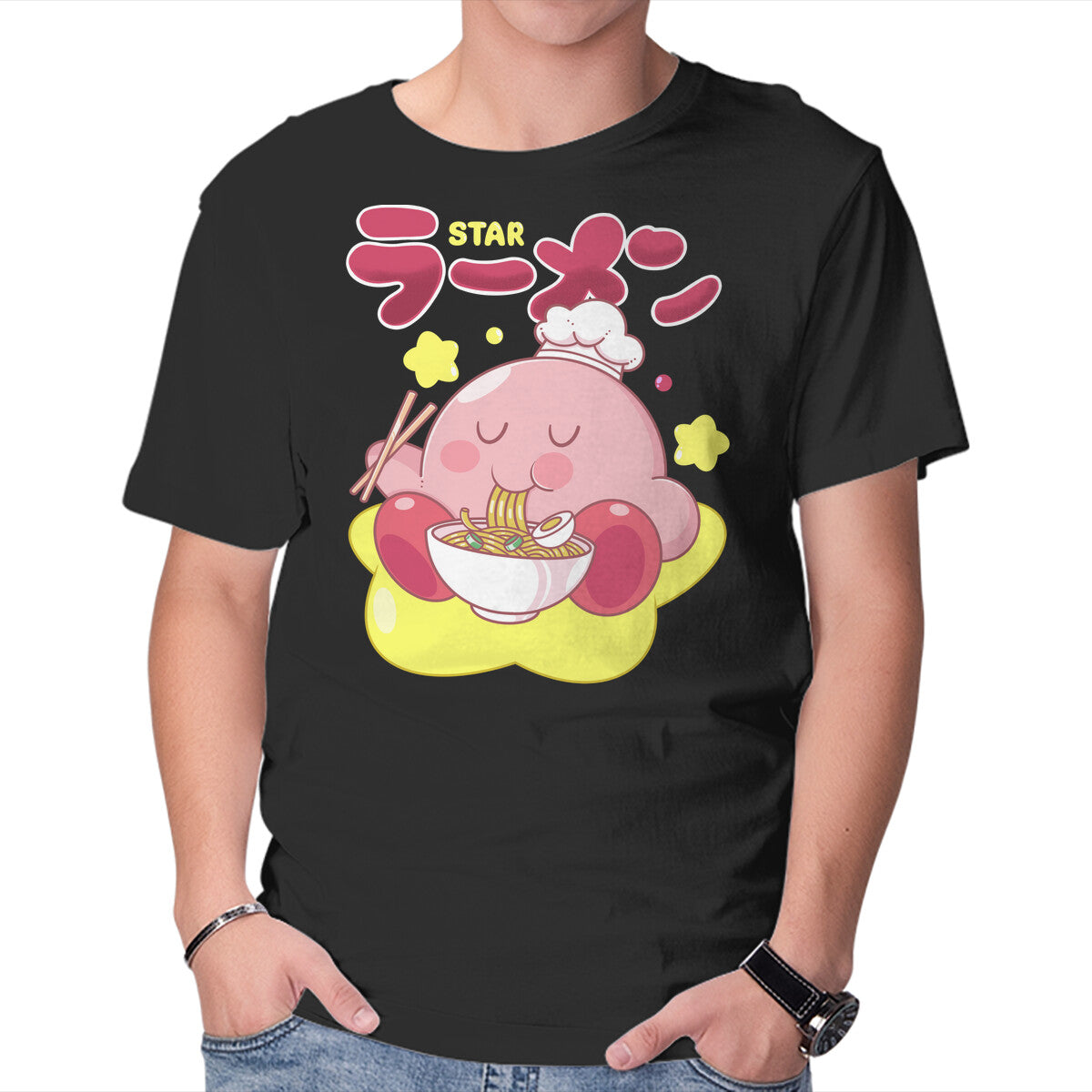 Kirby Star Ramen – Gaming Graphic T-Shirt in black, product display