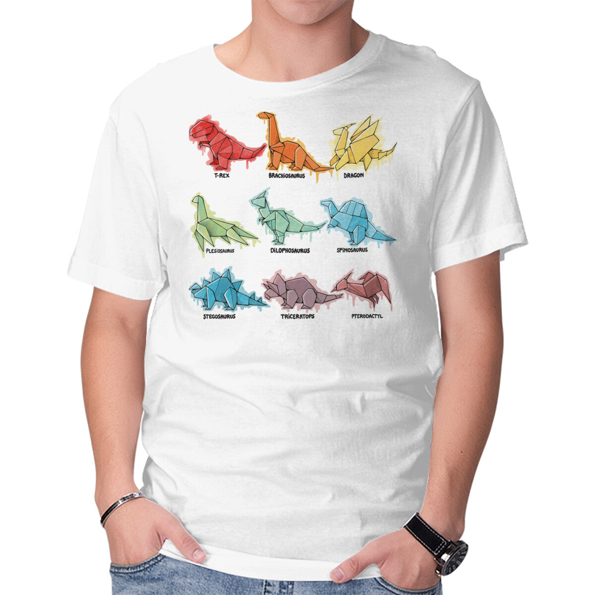 Origami Saurs – Dinosaur Graphic T-Shirt in white, product display
