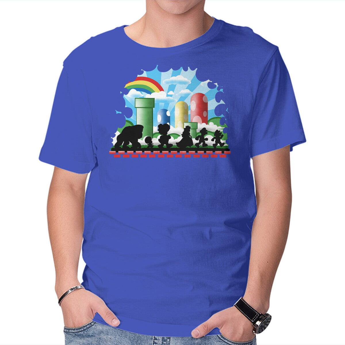 The Fellowship Of The Plumbers – Gaming Graphic T-Shirt in royal blue, product display