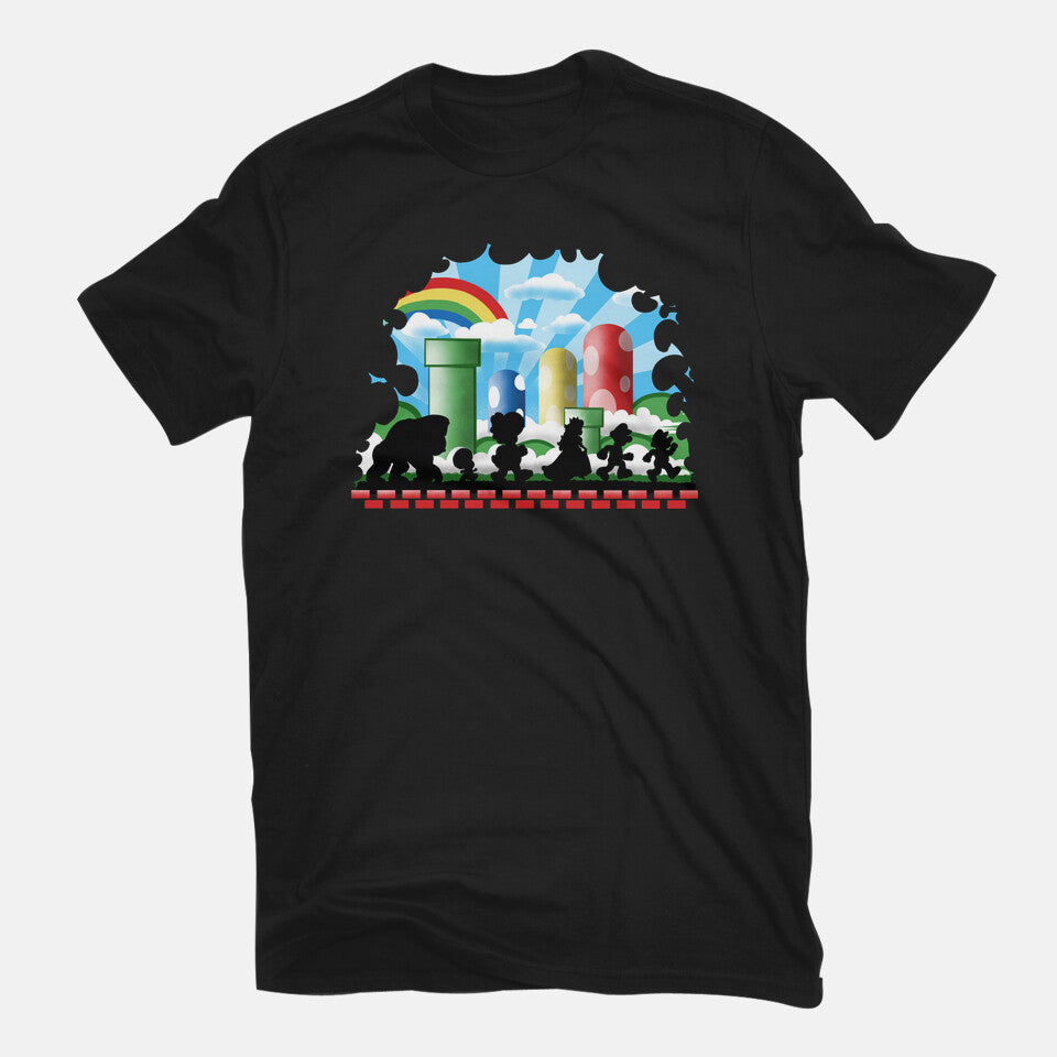 The Fellowship Of The Plumbers – Gaming Graphic T-Shirt in black, flat-lay product view