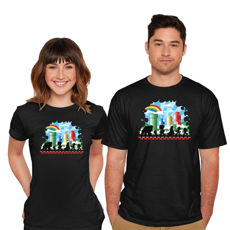 Model wearing black The Fellowship Of The Plumbers – Gaming Graphic T-Shirt